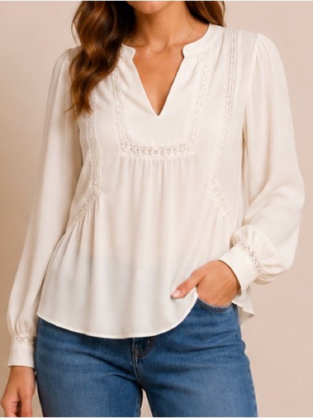 LOFT Cream Lace-Trim Long Sleeve V-Neck Blouse
